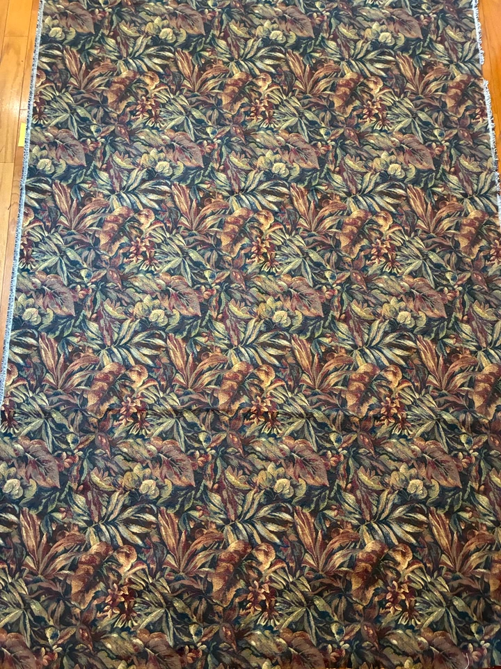 Dark TROPICAL PLANTS TAPESTRY FABRIC 2.5 Yds 54" W Heavy Woven Damask Jungle - Image 2 of 4