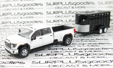 Greenlight White 2022 GMC SIERRA 3500 Dually Pickup w/Black Livestock Trailer
