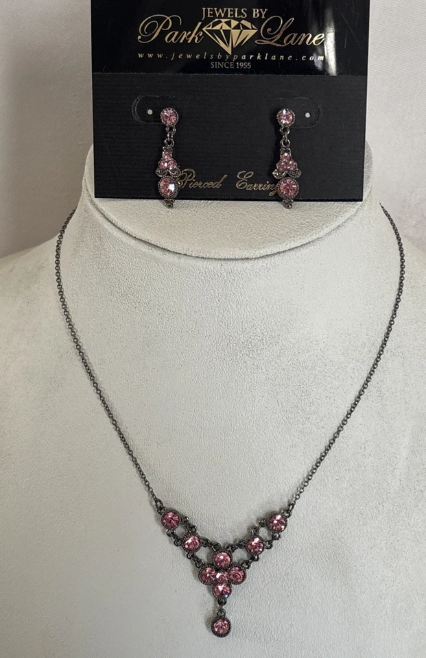 Park Lane Capri Necklace Earrings Hematite Tone Pink Crystals Rare Vintage WOW! - Image 2 of 4