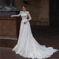Boho High Neck Lace Bridal Gown A-line Illusion Back Wedding Dresses Long Sleeve