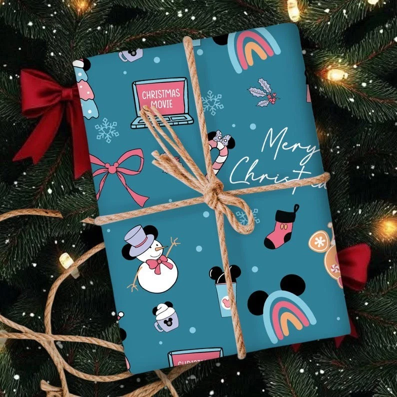 Mouse boneco de neve cupcake arco-íris papel de embrulho, embrulho de presente festivo feriado - Imagem 2 de 3