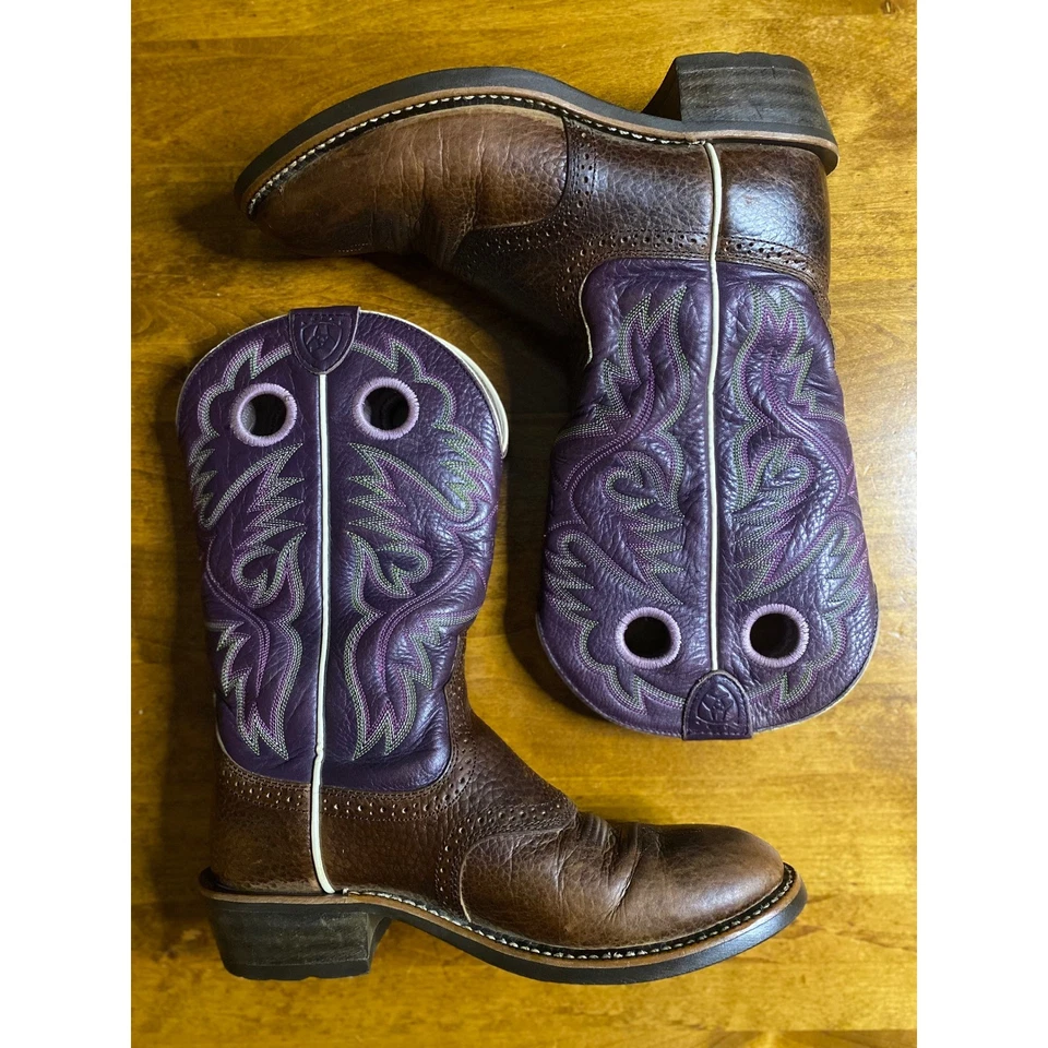 Ariat Women's Heritage Roughstock Western Cowboy Boots Brown Purple 7.5 B VGUC - Image 3 of 4