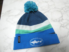 Patagonia Kids Blue Striped Powder Town Beanie Hat Pom Embroidered Shark Logo