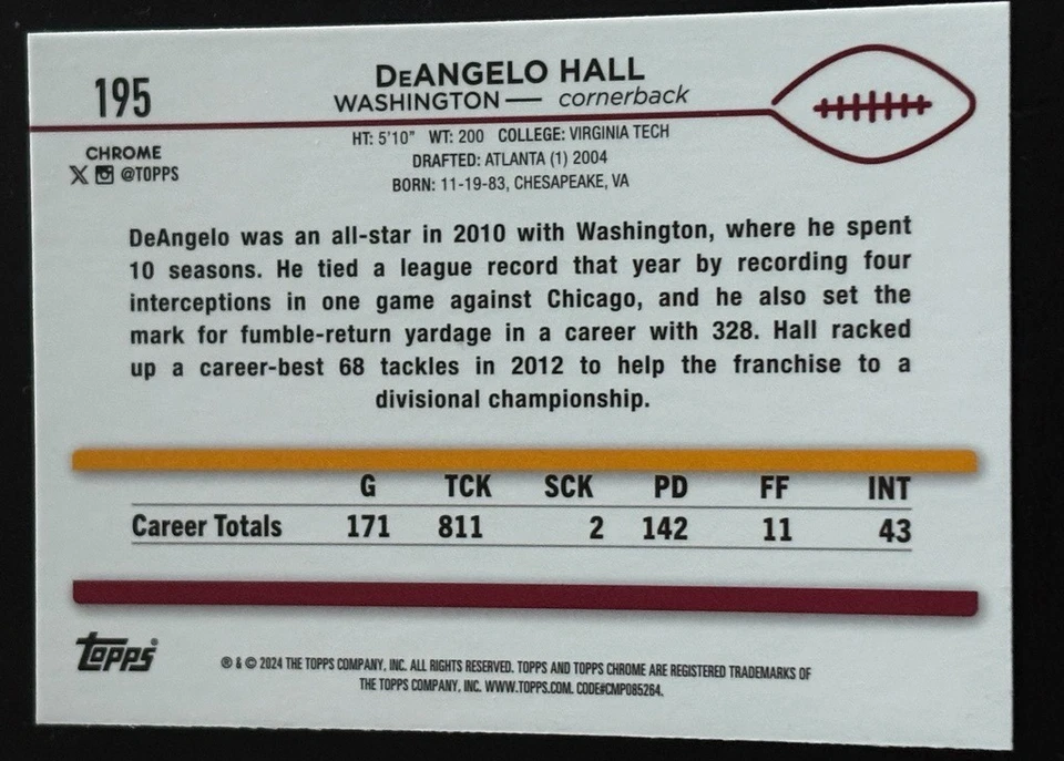 DeAngelo Hall 2024 Topps Chrome Pink  Refractor #195 Washington Commanders - Image 2 of 2