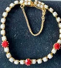 VTG 60’s HIGH END BRIGHT GOLDTONE WHITE MILK GLASS SECURITY CHAIN LATCH BRACELET