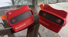 2 Vintage Tyco Red Viewmaster 3D View-Master Viewer Orange Lever Made in USA