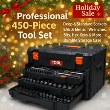 450 Piece SAE/Metric Tool Case Including Variety of Sockets Bits Hex Wrenches
