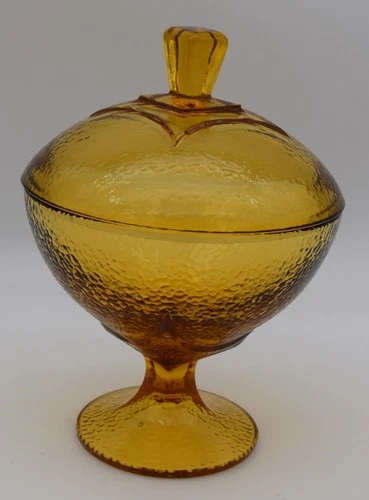 Vtg Jeannette Glass Amber Textured Depression Glass With Lid Compote Candy Dish