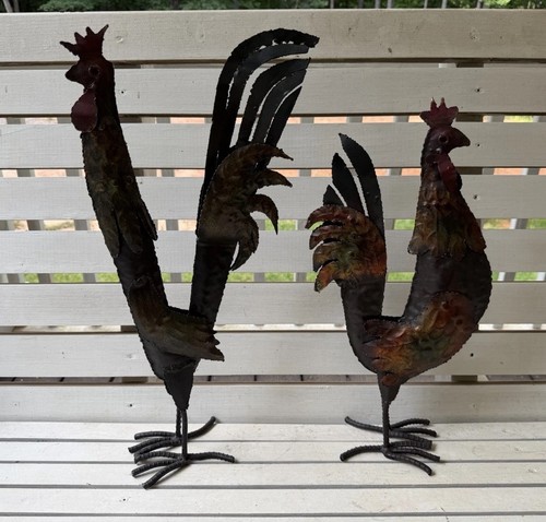 Vintage Style Handcrafted Metal Rooster Sculptures - Large Garden Yard Art Pair