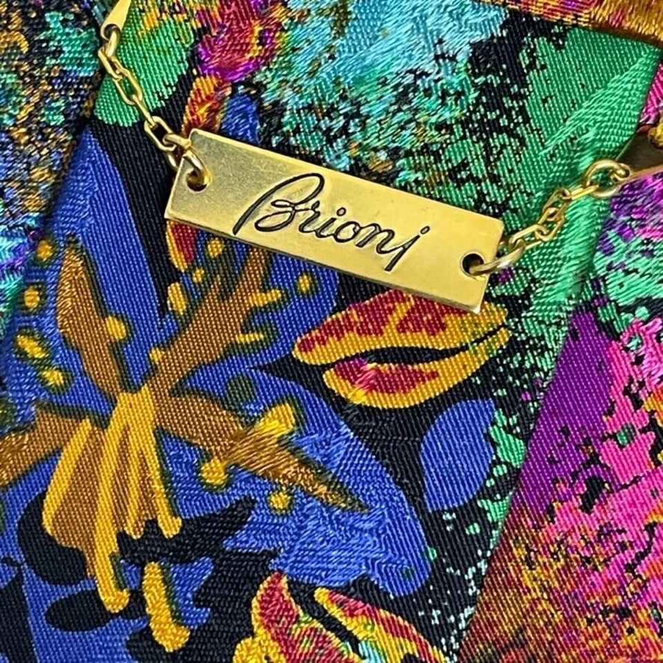 Corbata artística vintage de diseñador Brioni salpicaduras de pintura rosa azul verde 100 % seda Foto 3 de 4