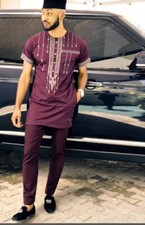 Men's African Clothing Embroidered Cotton Shirt Pants Wedding Birthday Party