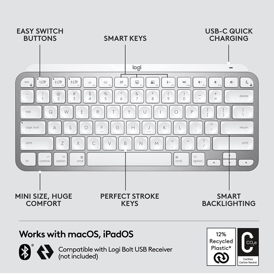 Logitech MX Keys Mini Minimalist for Mac Illuminated Wireless Keyboard Gray - Image 4 of 4