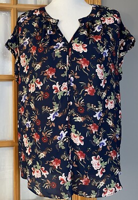 Philosophy Women s Floral Blouse XL Black Floral Split Crewneck Button Up Boho