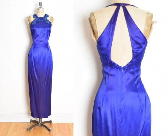 vintage 90s prom dress purple satin sequin cutout McClintock maxi