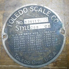 Vintage Toledo Scale Co ID Identification Plate - Style CSS-CS