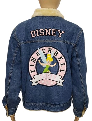 Disney Tinkerbell Embroidered Denim Trucker Jacket Sherpa Lined Womens Sz S/M  - Picture 1 of 13