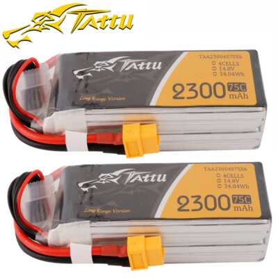 2X Tattu 2300mAh 75C 14.8V 4S Lipo Battery XT60 Plug For Vortex Tankito30(295)