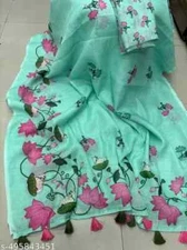 New Linen Cotton Sari With Unstitched Blouse Piece Party Wedding Wear For Women