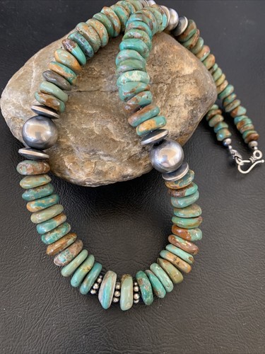 Blue Green Turquoise Navajo Pearls Sterling Silver Necklace 21" 12329 - Picture 7 of 12