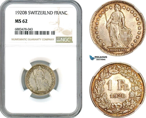AJ602, Switzerland, 1 Franc 1920 B, Bern Mint, Silver, NGC MS62