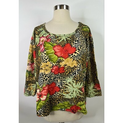 Take Two Clothing Co Beaded Hawaiian Floral Women s Knit Top 2X