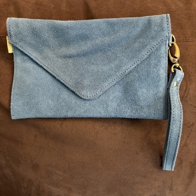 Joyn Small Turquoise Blue Suede Leather Envelope Clutch Wristlet Purse Bag