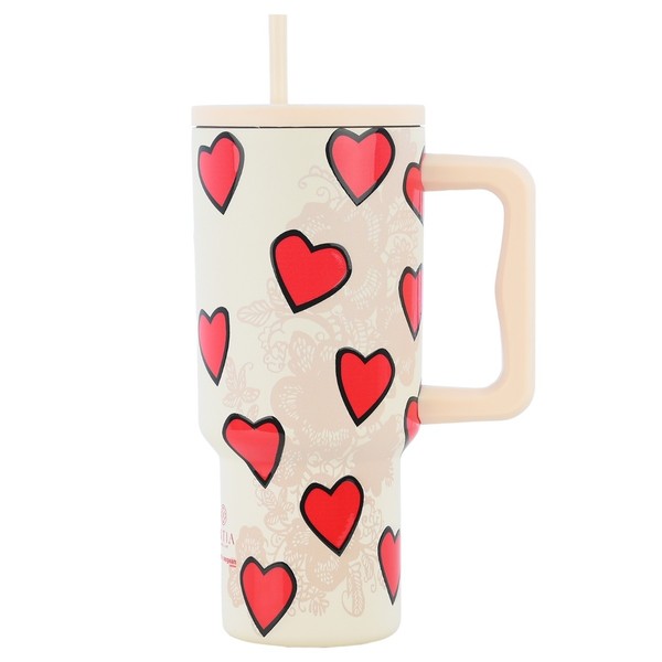 Thermobecher Isolierbecher Trinkbecher Mit Strohhalm 900 Ml Beige Rot Herzen-image