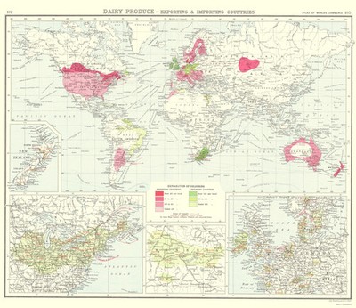 Historic Map - Global Dairy Produce Exporting Importing - Bartholomew 1907