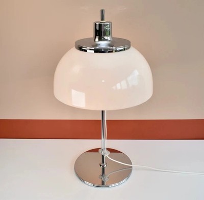 1970s Guzzini Faro Mushroom Table Lamp, Vintage Mid Century Modern Chrome Silver