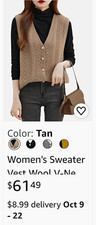 eUtopia Women's Tan Cable-Knit V-Neck Button Front Sweater Vest Size S