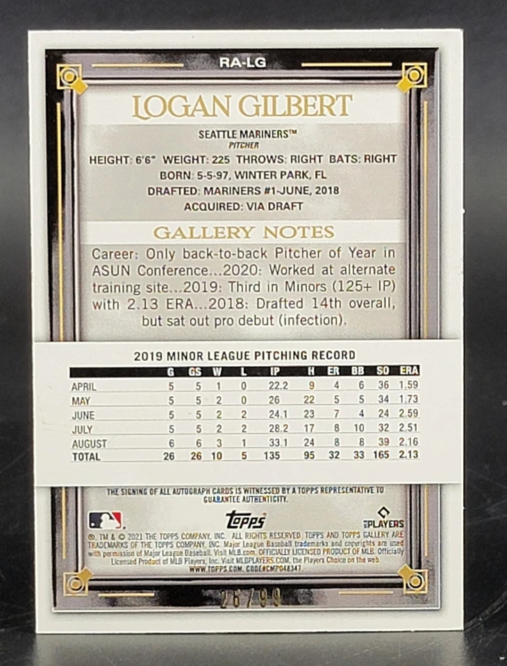 2021 Topps Gallery Rookie Autographs Green #RA-LG Logan Gilbert 26/99 - Image 2 of 2