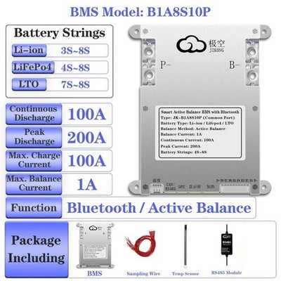 JK Smart BMS 4S-8S 100A Li-ion LiFePo4 Battery w/1A Active Balance BT LOT AEU