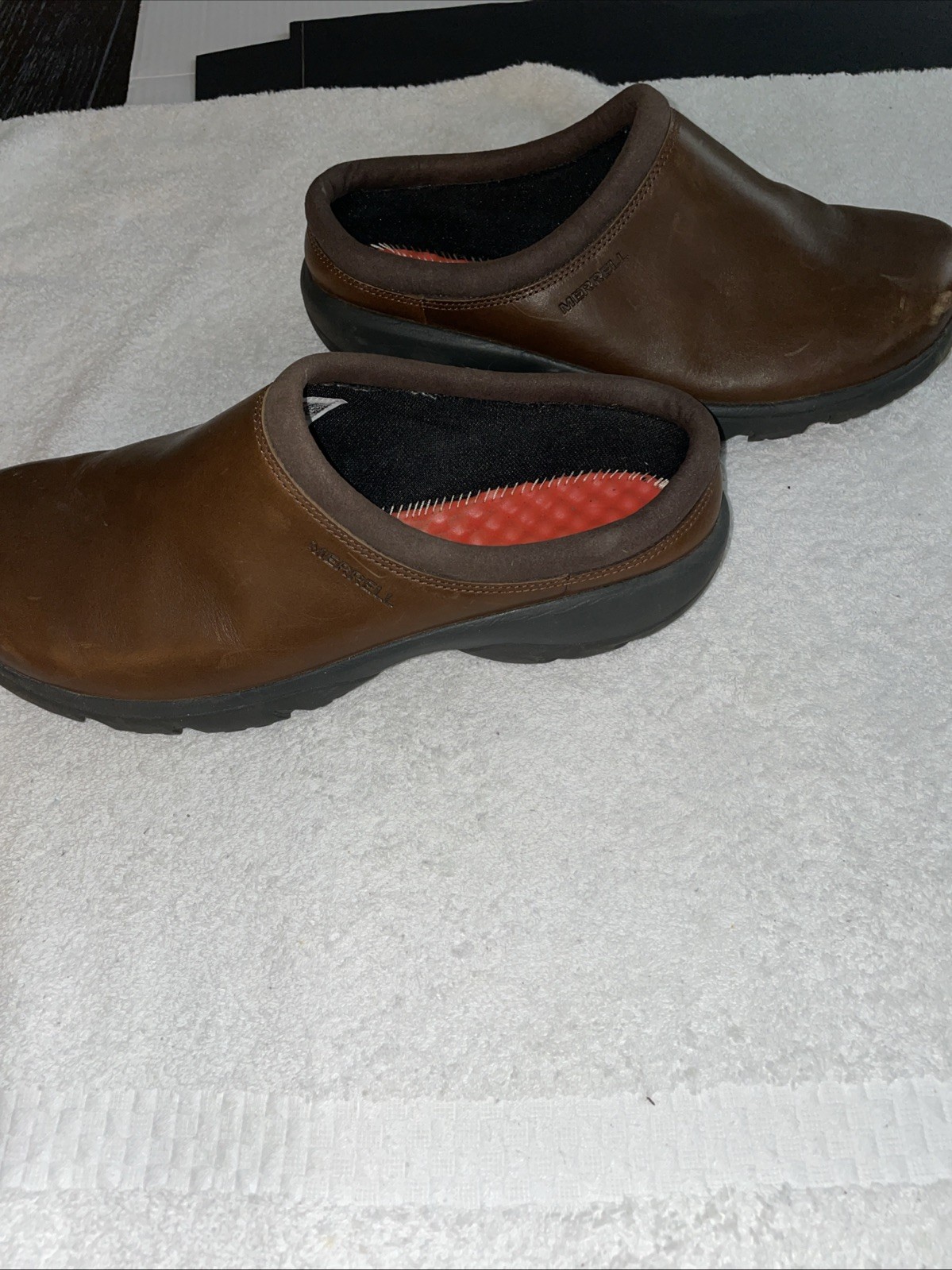 Mocassini Merrell Encore Slide zoccoli in pelle marrone J95263 da uomo taglia 10 5