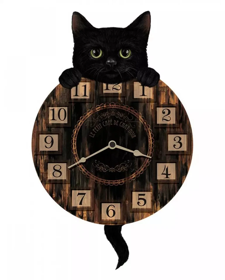 HORROR-SHOP Schwarze Katze mit Wanduhr als magisches Wohn Accessoire