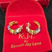 Rare Kenneth Jay Lane Gold Tone Flower Hoop Earrings, Enamel