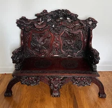 Antique Japanese Carved Rosewood DRAGON & PHOENIX Hall Bench Settee
