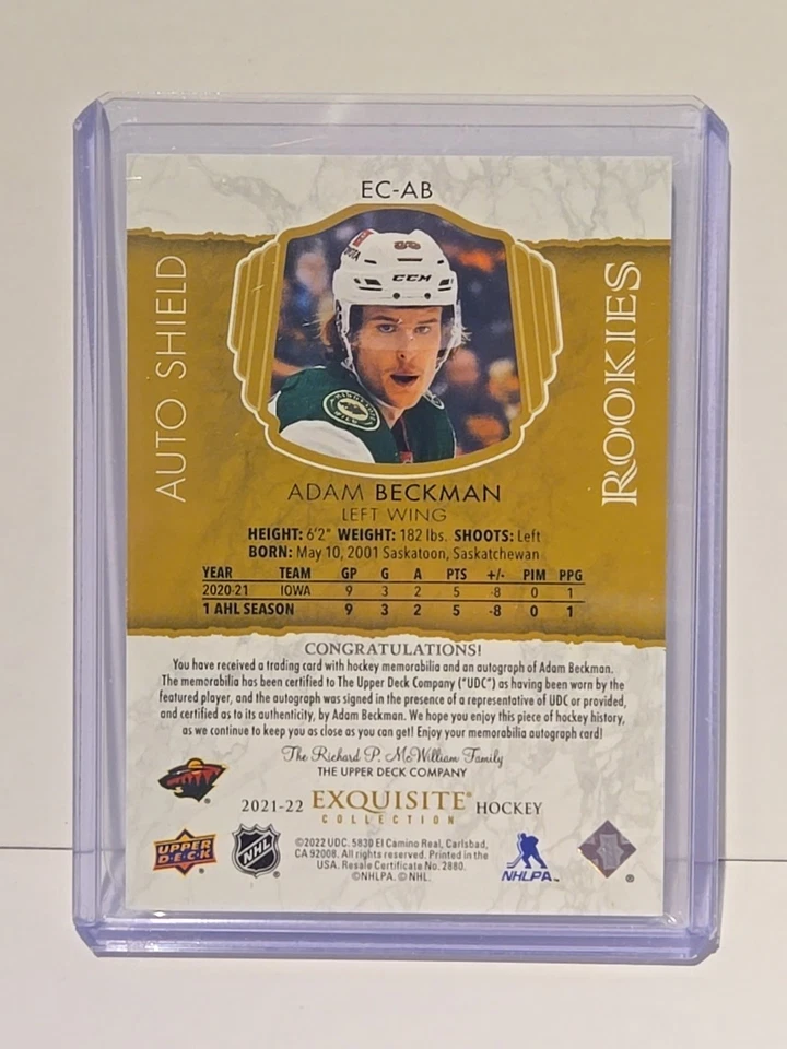 Adam Beckman 2021-22 UD EXQUISITE COLLECTION Rc Rookie Auto Shield 1/1 Rare - Image 2 of 2