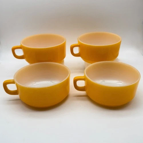 Set of 4 Vintage Anchor Hocking Soup Mug Handle Fire King Stackable Bowls NICE!