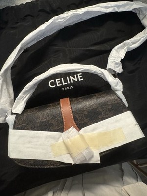 CELINE Triomphe Brown Shoulder Bag Magnetic Closure Gold Hardware Dust Bag