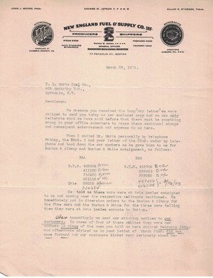 1923 New England Fuel & Supply Co. Coal Business Letter Boston PA