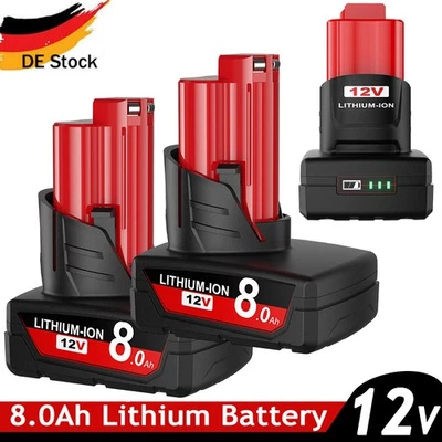 MARKENLOS 1-4x Akku Für Milwaukee M12 XC 8,0Ah Lithium Akku 12V High Output M12B5 M12B6 DE