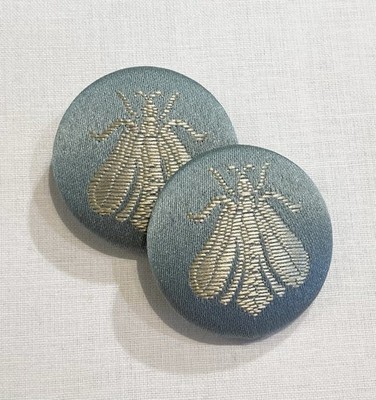 TWO FRENCH GRAY ''NAPOLEON BEE'' FRENCH DAMASK BROCADE CUSTOM COVERED BUTTONS