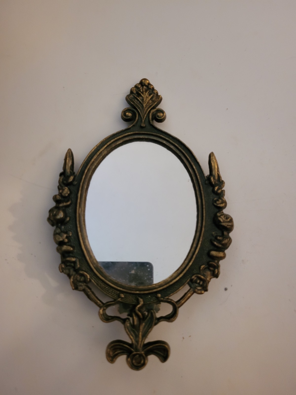 Antique Small Gold Oval Wall Mirror with Ornate Metal Frame, Vertical Mounted