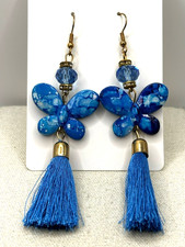 Blue Butterfly Crystal Rhinestone Tassel Gold Tone Dangle Drop Earrings