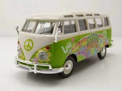 VW T1 Samba Bus Hippie Line Vert Voiture Modèle 1:25 Maisto (Avec Boîte) - Photo 1/4