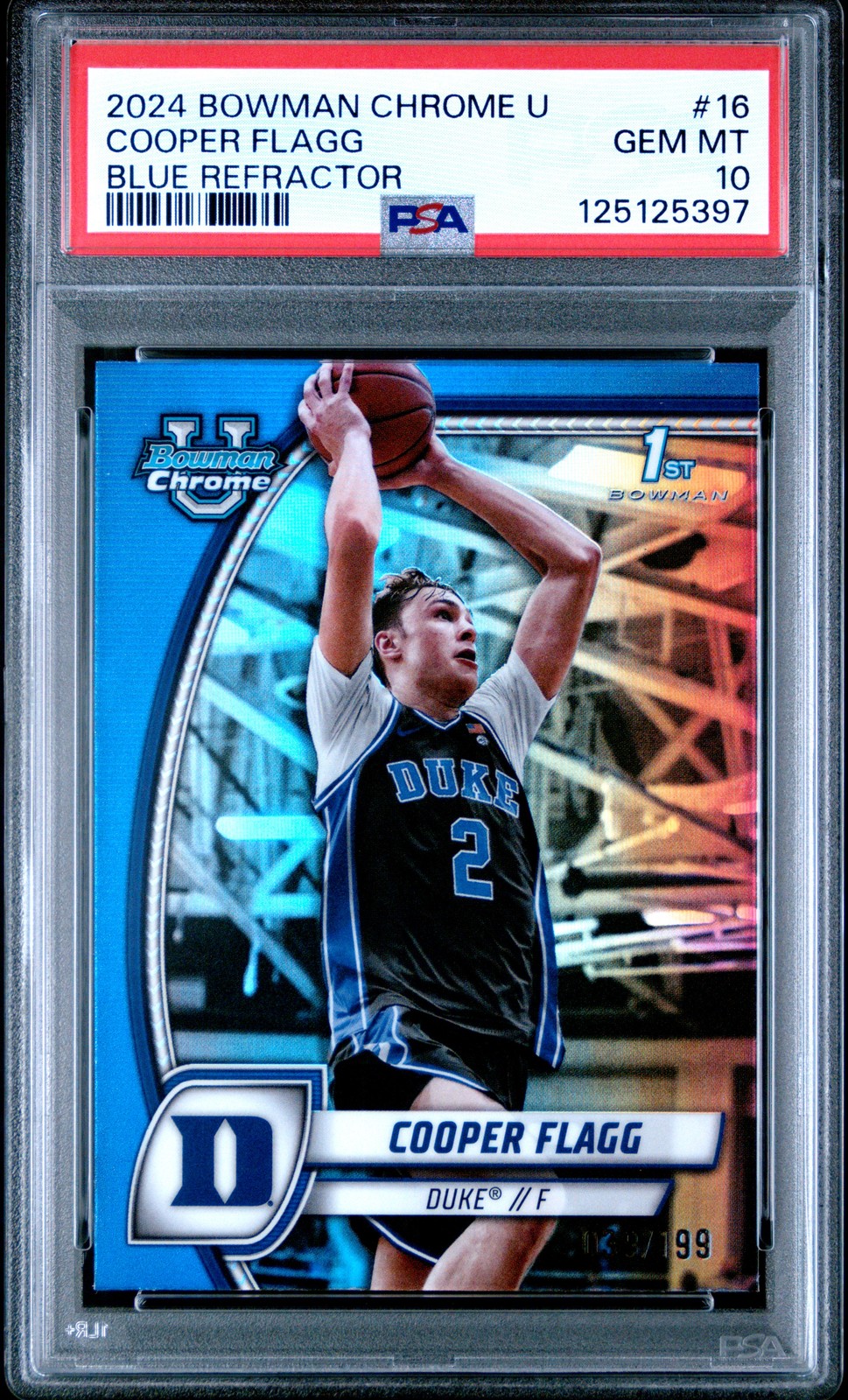 2024 BOWMAN CHROME UNIVERSITY BLUE REFRACTOR #16 COOPER FLAGG 39/199 PSA 10