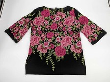 Karen Kane Black Pink Green Floral Embroidered 3/4 Sleeve Side Slits Tunic S