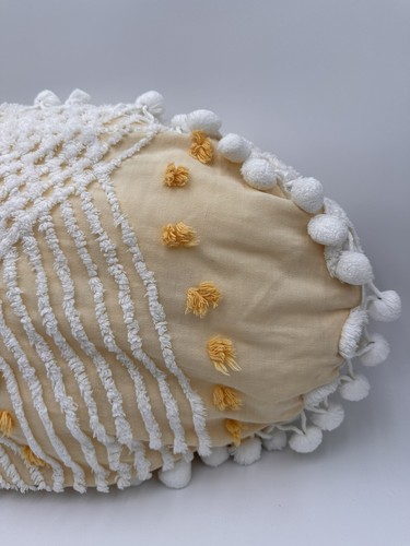Vintage Fringed Chenille White Pillow Yellow Pink Cottage Shabby Chic Floral - Picture 5 of 17
