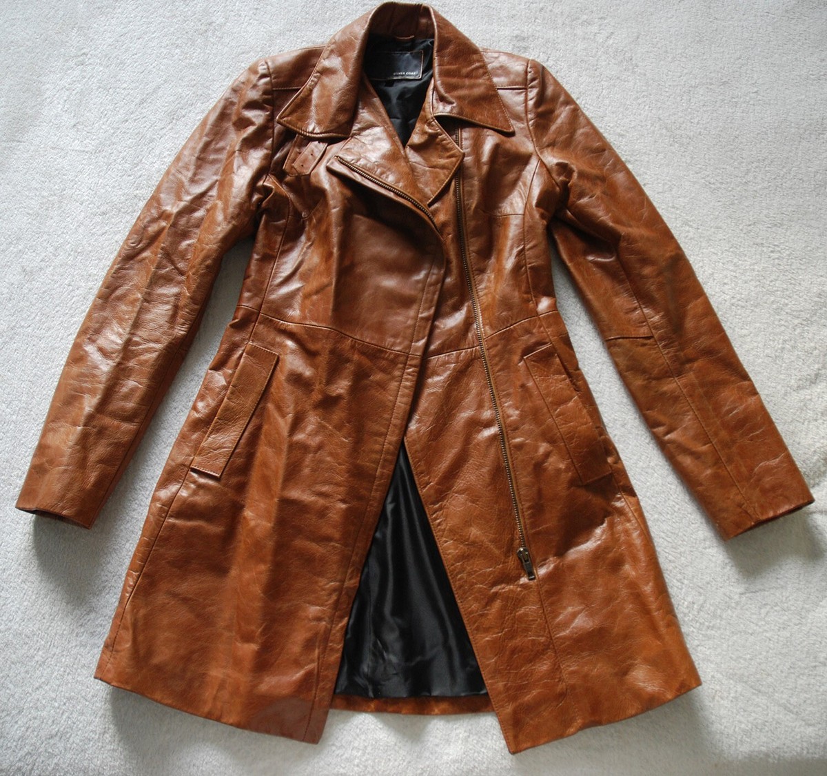 SC Paris SILVER COAT Camel Brown Vintage Style 100% Leather Trench
