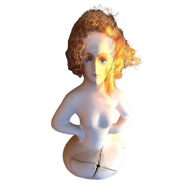 Antique Paper Mache Boudoir Pin Cushion Half Doll  Red Head Human Hair